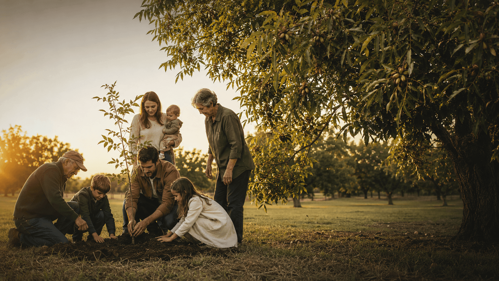 A multigenerational family planting a young pecan tree beside a mature tree bearing a harvest