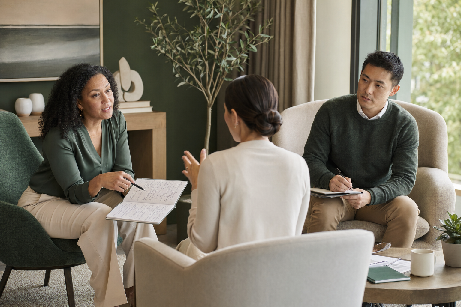 An experienced financial professional coaching a developing professional through a client conversation