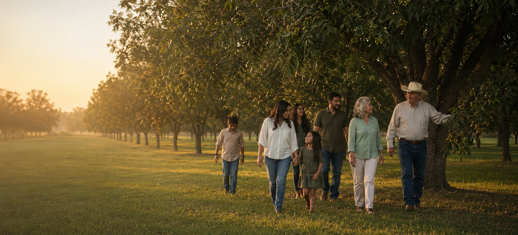 Three generations walking together beneath a mature, fruit-bearing Texas pecan tree