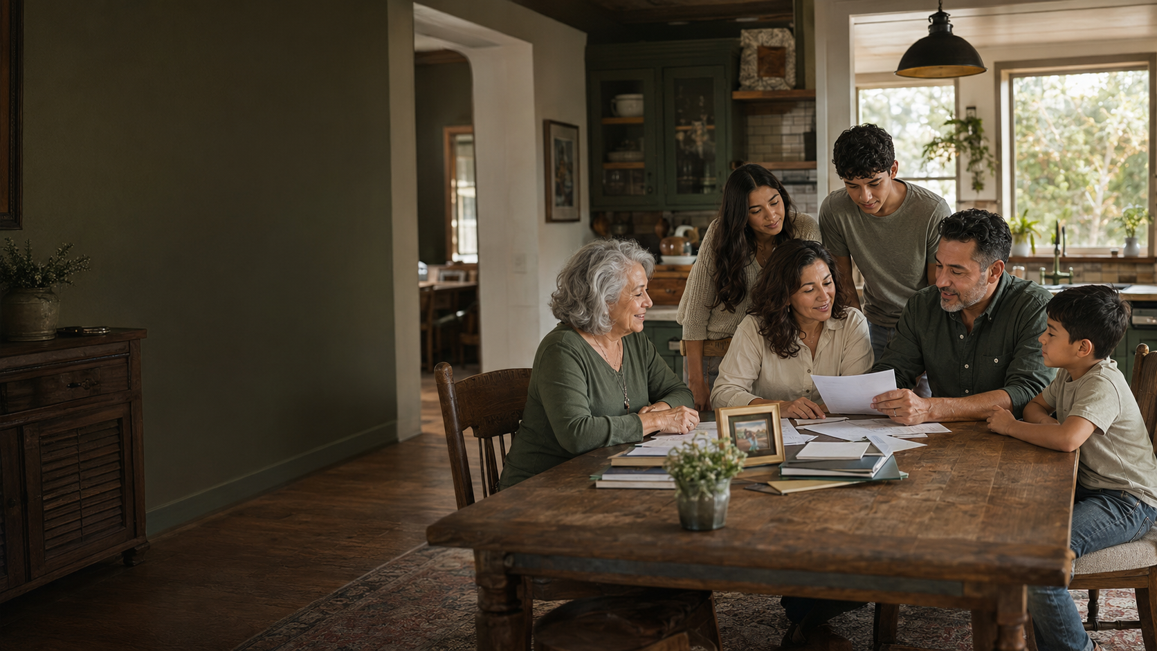 A multigenerational family discussing the future together at home